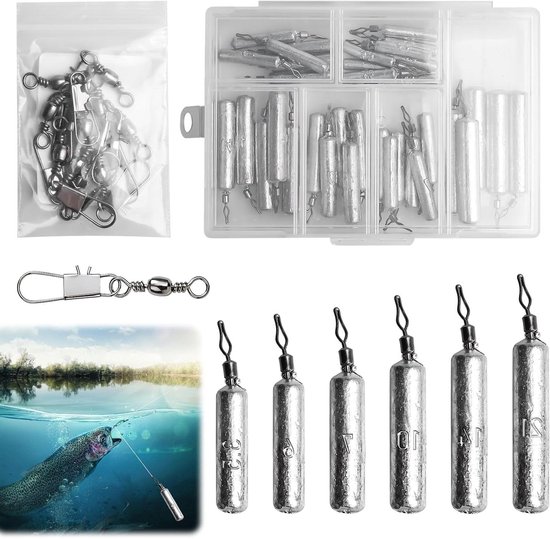 Allecto Plus - Visgewichten set met drop shot rig en hengel wervels - 35 stuks visaccessoires voor drop shot vissen - 6 maten tot 21 g van Merkloos