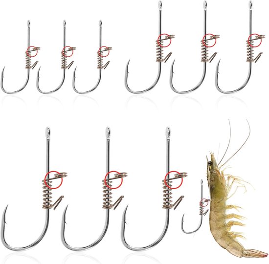 Allecto - Stainless Steel Live Shrimp Hooks - 9 stuks - Visgerei - Rubber Band Feather - Geschikt voor Verschillende Vissoorten - 3 Maten van Merkloos