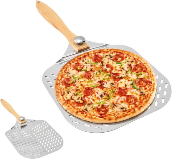 Aluminium pizzaschep van roestvrij aluminium, pizzaschep, professionele pizzaschep, XXL pizzaschep met gevormde gaten, pizzaschep (zilver)
