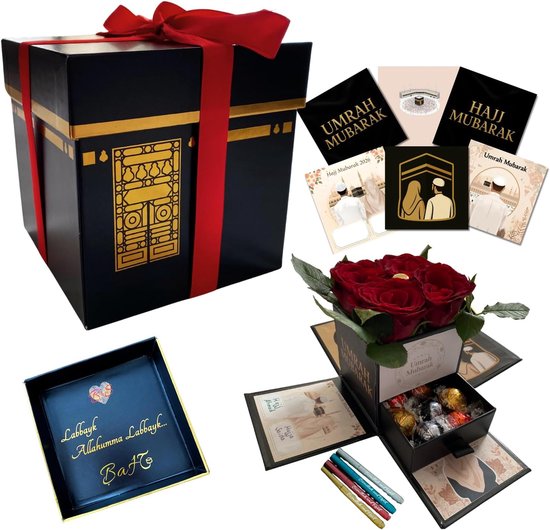 And Hajj Kaaba geschenkdoos voor Hajj en Umrah, met 2 satijnen cadeaulinten en 4 metallic markers