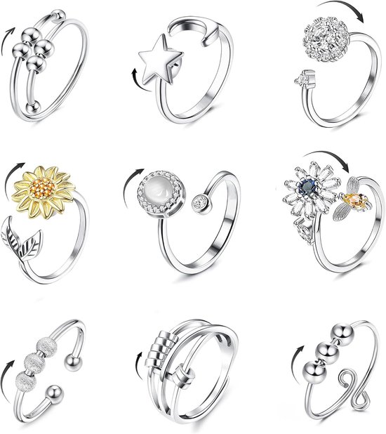 Angst Ring Zilveren Fidget Ring voor Angst Vrouwen Verstelbare Open Spinner Ringen Zonnebloem Maansteen Spinner Fidget Ringen voor Vrouwen Dochter Verstelbare Ring Party Geschenken