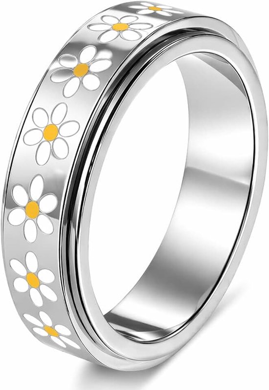 Angstring, fidget ring, madeliefje, spinning anti-stress, roestvrij staal, angst, stressring, ringen, voor paniekaanvallen, duimring, vinger stemmingsring, vrouwen, zilver