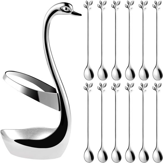 AnSaw Grote zwaan basis houder set met 12-delige zilveren blad theelepel - 18,8 cm roestvrij staal lange steel koffie en thee roeren lepels