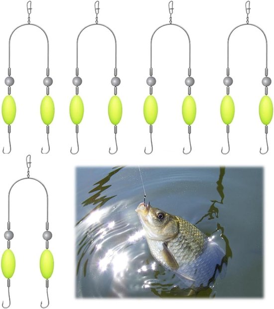 Anti-Hook Dubbele Haak Rigg - Set van 10 Karper Vissen Haken met Antiknoop Ontwerp, Drijvers en Parels - Perfect voor Beginners en Ervaren Vissers