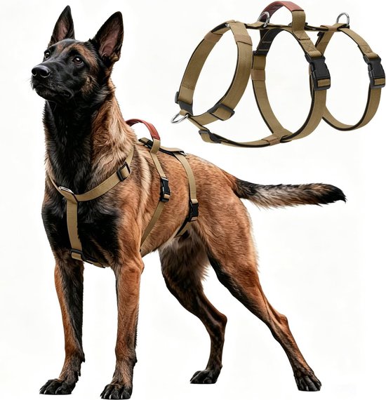 Anti-trektuigje voor honden, anti-trektuigje met controle, harnas met stap in design, ademend en gevoerd, voor ontspannen wandelen, voor honden van elke maat (donker kaki, XL)