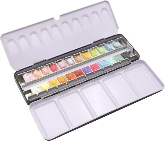 Aquareldoos metallic ARTIST in halve napjes, 24 x 1/2 napje metaalachtige aquarelverf in metalen doos, waterverf, schilderset