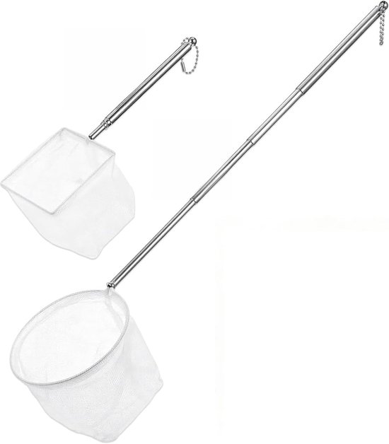 aquarium visnet set - mini schepnet vissen garnalen - uitschuifbare handgreep 20–48 cm - roestvrij staal - 2 stuks 8x8 cm & 10x10 cm - zwart voor aquarium en vijver onderhoud