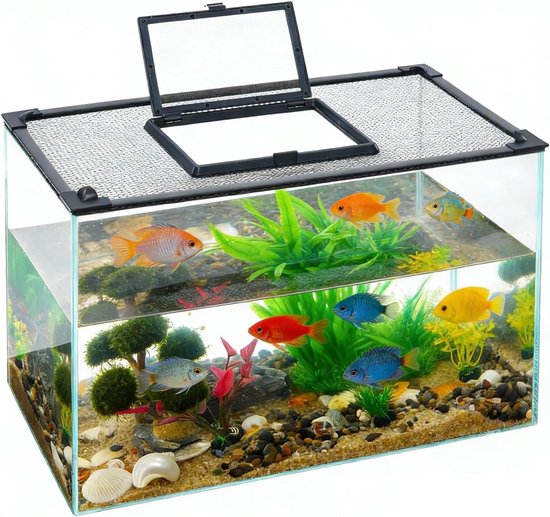 Aquariumafdekking met magneetsluiting en opvouwbare ramen, beschermingsnet voor vissen en reptielen, voorkomt springen, eenvoudige zelfmontage, PP-kunststof, 50 x 30 cm