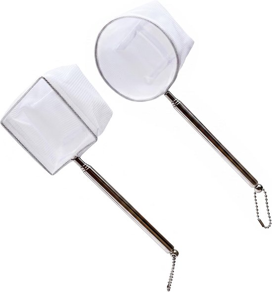 Aquariumnetten met telescopische handgreep van roestvrij staal, visnet, fijnmazig, vierkant, rond, voor vissen en garnalen, 2 stuks