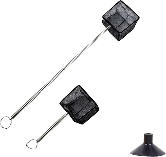 Aquariumvisnet, zwart nylon gaas, 17 x 9 x 2,4 cm, met zuignap, uitschuifbaar handvat