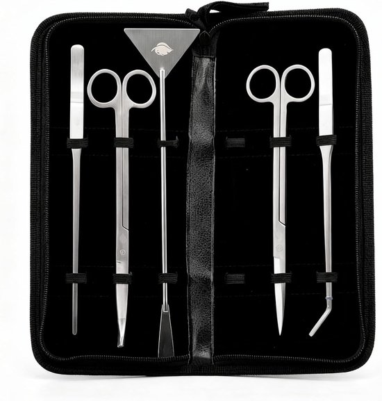 Aquascaping Set zilver | 5-delige gereedschapsset van roestvrij staal | schaar recht en gebogen, pincet recht en gebogen, kiezelspatel | voor aquaria en nanoaquaria | zilver gereedschap