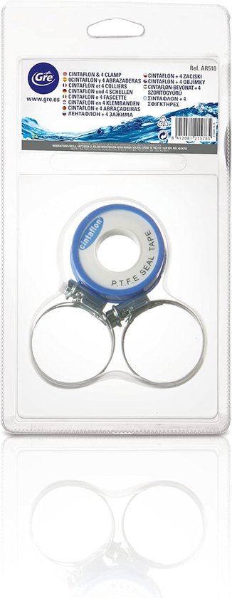 AR510 Teflon-tape en 4 slangklemmen voor buizen van Ø38 en Ø32 mm