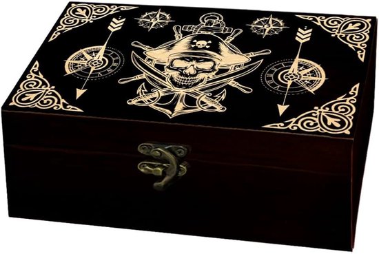 Arricraft 1 PC Memorial Houten Opbergdoos, Piraat Schedel Dubbele Blades Anker Kompas Rechthoek Pine Foto Doos voor Verjaardag Sieraden Opslag (9.45x5.51x3.54 inch)