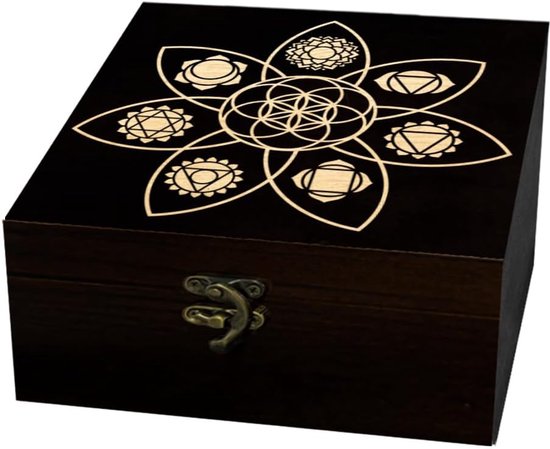 arricraft 1 stuk herinneringsdoos van hout, chakra met zeven bloemblaadjes, motieven, decoratieve doos, sieradenorganizer, houten doos, gegraveerd geheugen, met deksel voor het opbergen van