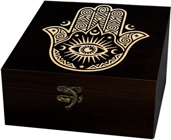 Arricraft 1 stuk houten aandenken opbergdoos, Hamsa Eye Moon Stars patroon vierkante grenen geheugendoos voor festival, verjaardag sieraden bord opslag, 12 x 12 x 6 cm (4,72 x 4,72 x 2,36 inch)