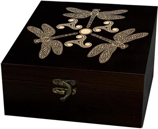 Arricraft 1 stuk houten aandenken opbergdoos, libelle triskelion patroon vierkante souvenirdoos voor verjaardag sieraden foto brief opslag (10,82 x 11,82 x 5,9 cm)