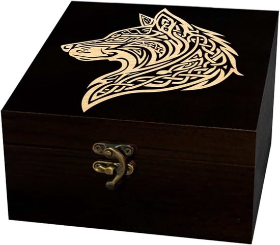 Arricraft 1 stuk houten aandenken opbergdoos, viking-knoop en wolfpatroon, vierkant, grenen geheugendoos voor jubileum sieraden bord opslag, 12 x 12 x 6 cm (4,72 x 4,72 x 2,36 inch)