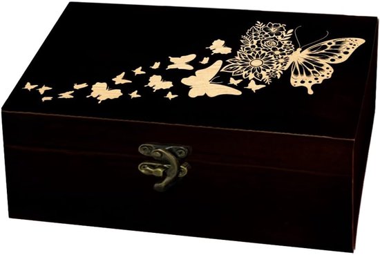 Arricraft 1 stuk houten geheugen aandenken doos, bloemen en vlinders gegraveerd patroon rechthoekige grenen tarotdoos voor jubileum sieraden bord opslag (22,9 x 13,5 x 19,5 x 9,5 cm)