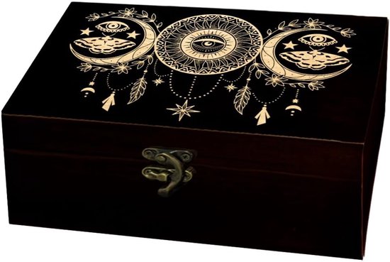 Arricraft 1 stuk houten herdenkingsopbergdoos, zon en maan, boze oog, dromencatcher sterren bloemenpatroon, rechthoekig, pijnboom fotobox voor jubileum sieraden board opslag (24 x 14 x 8 cm)
