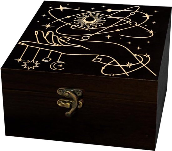 Arricraft 1 stuk houten souvenirdoos, magische planeet vierkante dennentarot geheugendoos voor het opbergen van verjaardagssieraden 12 x 12 x 6 cm (4,72 x 4,72 x 2,36 inch)