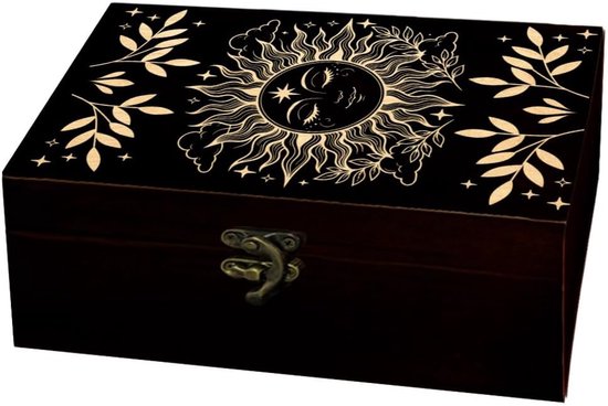 Arricraft 1 stuks gegraveerde houten geheugendoos, boho-stijl, zonnepatroon, decoratieve houten kist, sieraden, opbergdoos, houten souvenirbox met deksel voor het bewaren van herinneringen