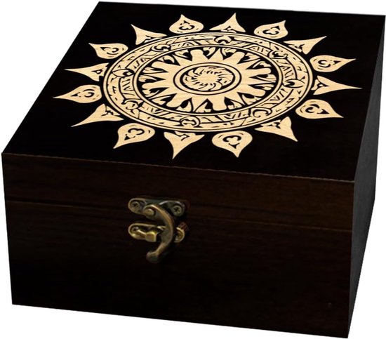 arricraft 1 stuks souvenirbox van hout, decoratieve opbergdoos met geometrische zonnepatronen, sieradenorganizer, gegraveerde houten herinneringsdoos met deksel voor het bewaren van herinneringen