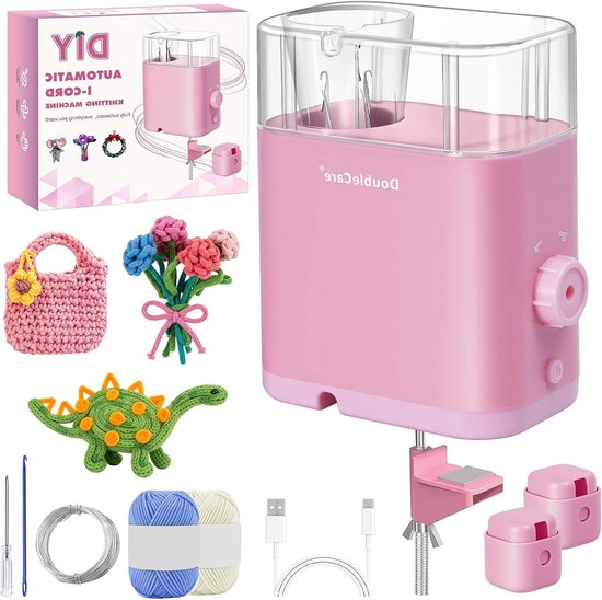 Automatische I-Cord Breimachine met 2 Garnspoelen en 1 Rol, Elektrische Breimolen voor Snelle DIY-Knutselprojecten, Roze Decoratieve Koord en Strickliesel voor Creatieve Breiwerkjes