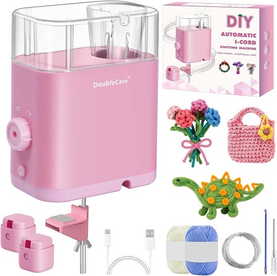 Automatische I-Cord Breimachine met 2 Garnspoelen en 1 Rol IJzerdraad voor Snelle DIY-Knutselprojecten, Roze Decoratieve Koord Breimolen voor Creatieve Handwerken