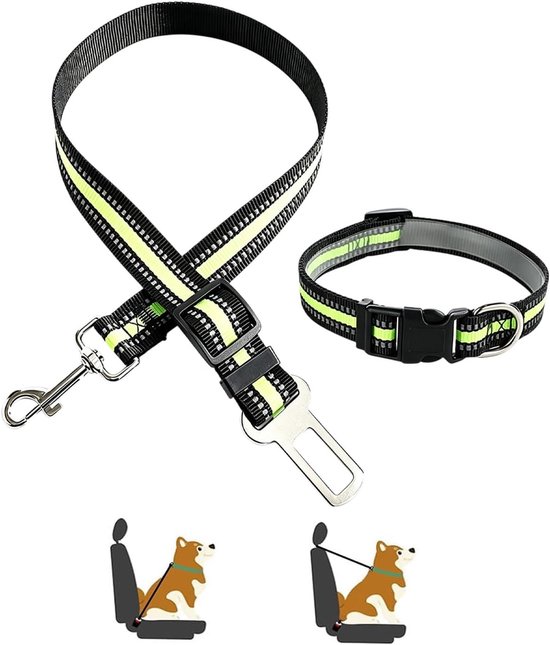 Autoveiligheidsgordel voor honden met verstelbare halsband van nylon, autoriem voor honden, veiligheidsgordel voor honden in de auto, voor reizen in de auto (groen)