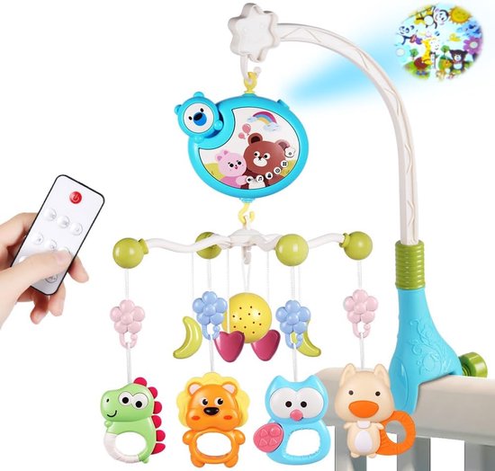 Babybedspeelgoed, mobile voor babybed, slaaphulp, muziekspeelgoed met schattige dieren, babybedmobile met muziek en verlichting, projector en afstandsbediening (blauw)
