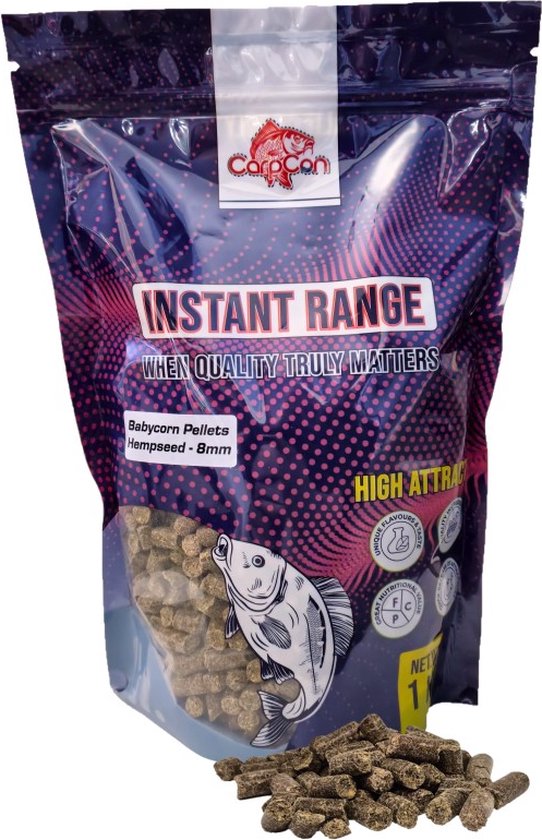 Babycorn Pellets 'Hennep' 8mm - 1kg - Hennepzaad Pellets - Karper/Witvis Pellets - Lokvoer/Aas voor Vissen