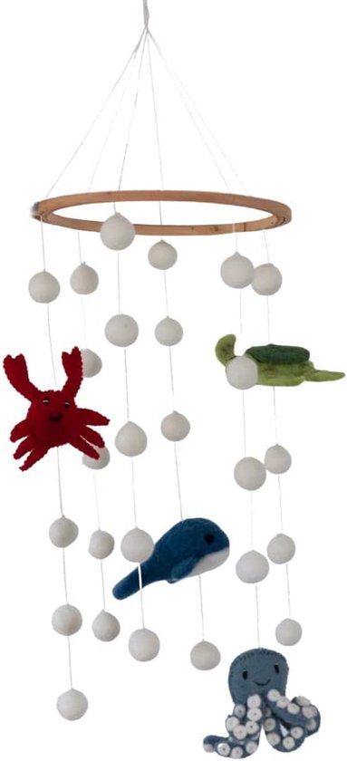 Babymobiel van vilt, handgemaakt, fairtrade, babykamerdecoratie voor meisjes en jongens, om op te hangen over luiertafel, babybed, box, zeedieren