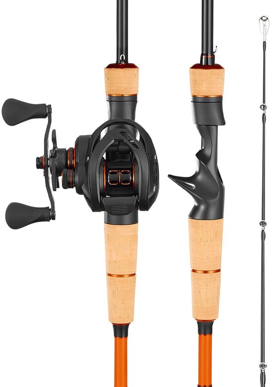 Baitcasting hengel en reel set - Baitcaster combo - IM7 Carbonvezel Hengel 2,0 m - Kogellagers 6+1 - Overbrenging 7,0:1 - Kurken Handgreep - Linkshandig - Voor Baars/Roofvis