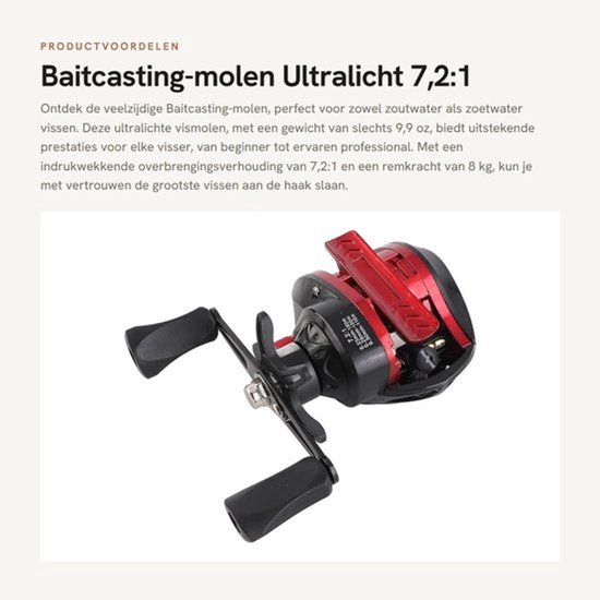 Baitcasting-molen Ultralicht - Metalen Vismolen - 7,2:1 Overbrengingsverhouding - 8 Kg Remkracht - Voor Zoutwater/Zetwater - Ideaal voor IJsvisserij