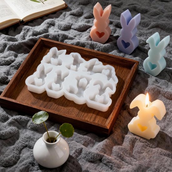 Bakvorm voor Pasen met 7 schattige motieven van konijnen en harten, herbruikbare 3D-siliconen vorm, paashaas, voor doe-het-zelf creaties kaarsen en zeep