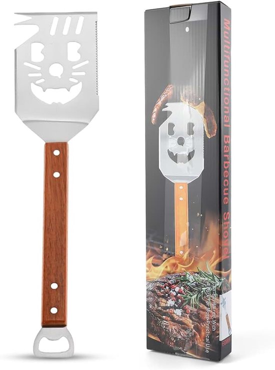 Barbecuespatel voor barbecue, barbecue-accessoires, herencadeau, multifunctioneel grillbestek met houten handvat, mes en vork, zaag, vaderdagcadeau voor papa (1 stuk, D)