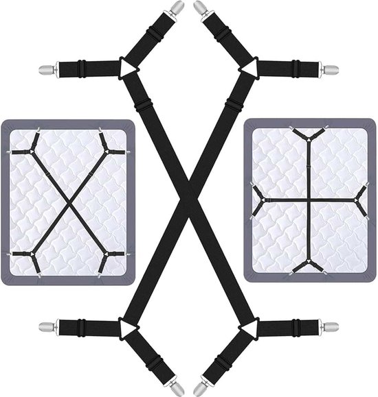 Bedlakenspanners, elastische bedlakenspanners, zwarte lakspanner met metalen clips, verstelbare elastische driehoekige spanners, voor lakens, matrashoezen, sofakussen