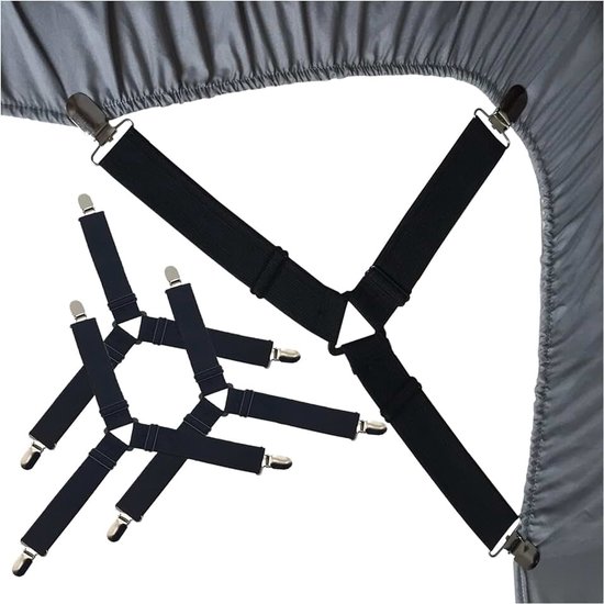 Bedlakenspanners, set van 4, elastische bedlakenhouders met driehoekig design, verstelbare bedlakriemen met sterke metalen clips, antislip hoeslakhouders voor eenpersoons-, dubbel-, kingbedden