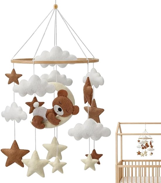 Beer mobiel babybed vilt, mobiel kinderbed, bedbel, windgong, witte wolken en sterren, slaaphulp, babymobiel voor bed voor babykamer, decoratie voor jongens en meisjes