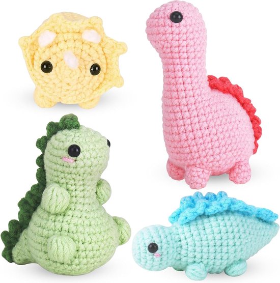 Beginner Haakset met 4 DIY Dier Kits, Compleet Dinosaurussen Haakpakket met Instructies en Stapsgewijze Video Tutorials, Perfect Cadeau voor Verjaardagen en Creatieve Hobbyisten van Merkloos