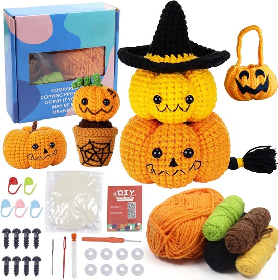 Beginner Haakset voor Halloween, Pompoen Haakproject, Haaknaalden en Wol voor DIY Creaties met Handleiding en Tutorials