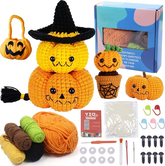 Beginner Haakset voor Halloween Pompoenen, Inclusief Haaknaalden, Wol en Handleiding voor DIY Creaties