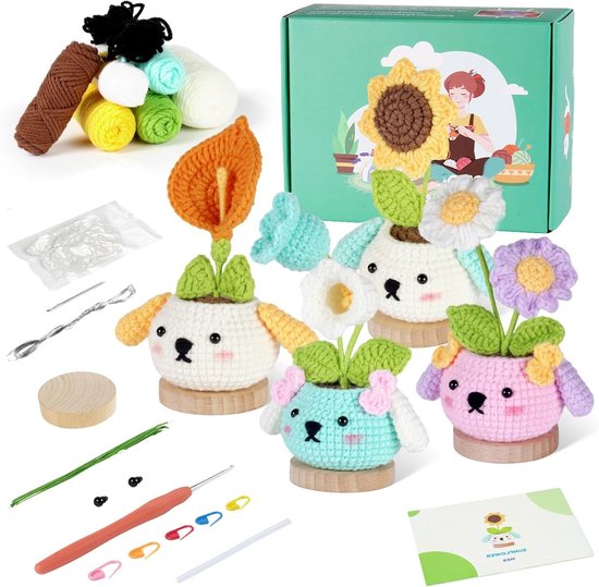 Beginner Haakset voor Volwassenen en Kinderen, 4-delige Kit met Eenvoudige Video Tutorials, Perfect als Cadeau voor Verjaardagen en Feestdagen