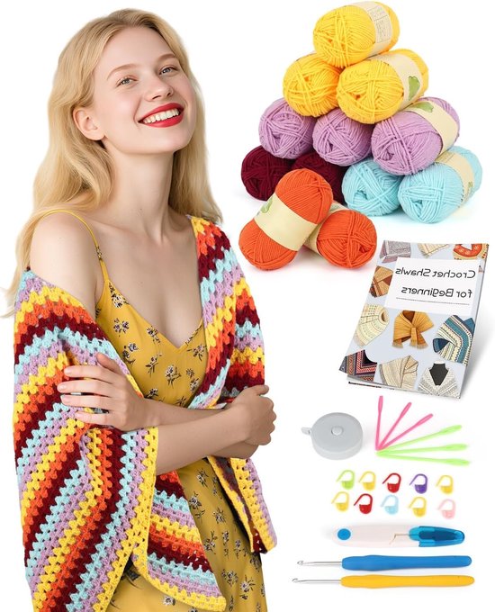 Beginner haakset voor volwassenen en kinderen, eenvoudig haakschalenset met stapsgewijze handleiding en accessoires voor het haken van een granny square sjaal van Merkloos