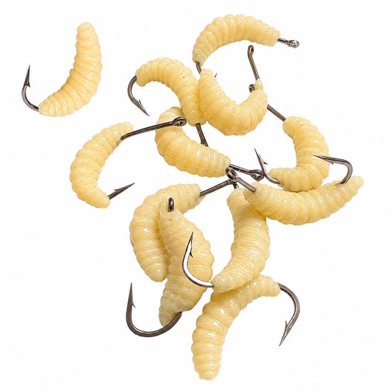 Beige vis aas kunstaas set unisex rubber maden vishaas met vis haken zachte imitatie wormen voor forel crappie panvis en zoetwater vissen 12 stuks