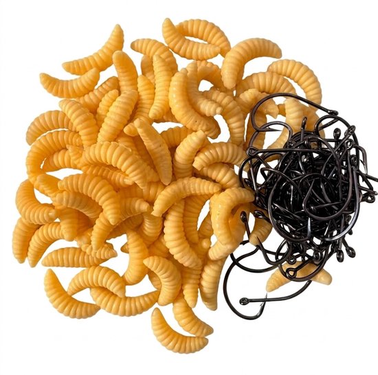 Beige vis aas kunstaas set unisex rubber maden vishaas met vis haken zachte imitatie wormen voor forel crappie panvis en zoetwater vissen 24 stuks