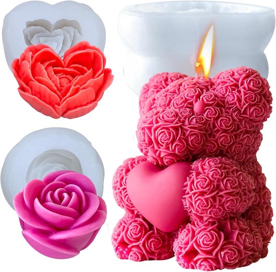 Berenkaarsvorm, 3D-siliconen vormen voor beren, verjaardagscadeaus, moederdaggeschenken, huwelijksgeschenken en vitrines (set van drie delen: beer + bloem)