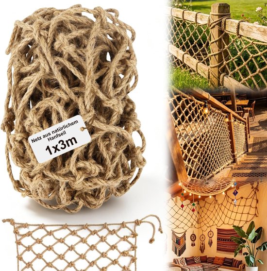 beschermnet, kindertouwnet, henneptouwnet, 6 mm, 1 x 3 m | Hennepnet, outdoor ranknet, jute net, planten, plafondnet, hindernisbescherming voor balkon, trap, tuin, speelplaats