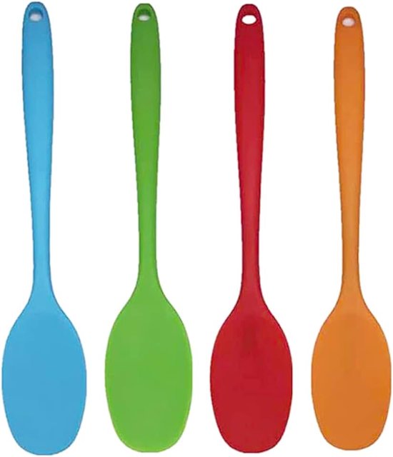 BetterJonny van 4 siliconen lepels, 28,3 cm lengte, deegschraper, spatel, kooklepels, keukenlepelset met lange handgreep, hittebestendig tot 230 °C, voor koken en bakken, blauw, rood, groen, oranje