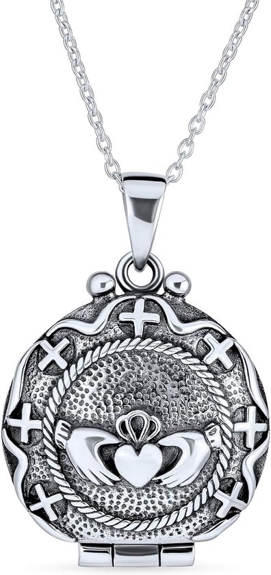 Bff Vintage stijl Lucky Green Klaverblad Ronde Keltische Ierse twee foto Hart Ovaal Rond Memorial Claddagh Behoud Afbeeldingen Medaillon Ketting Voor Vrouwen .925 Sterling Zilver Aanpasbaar, 18 EU